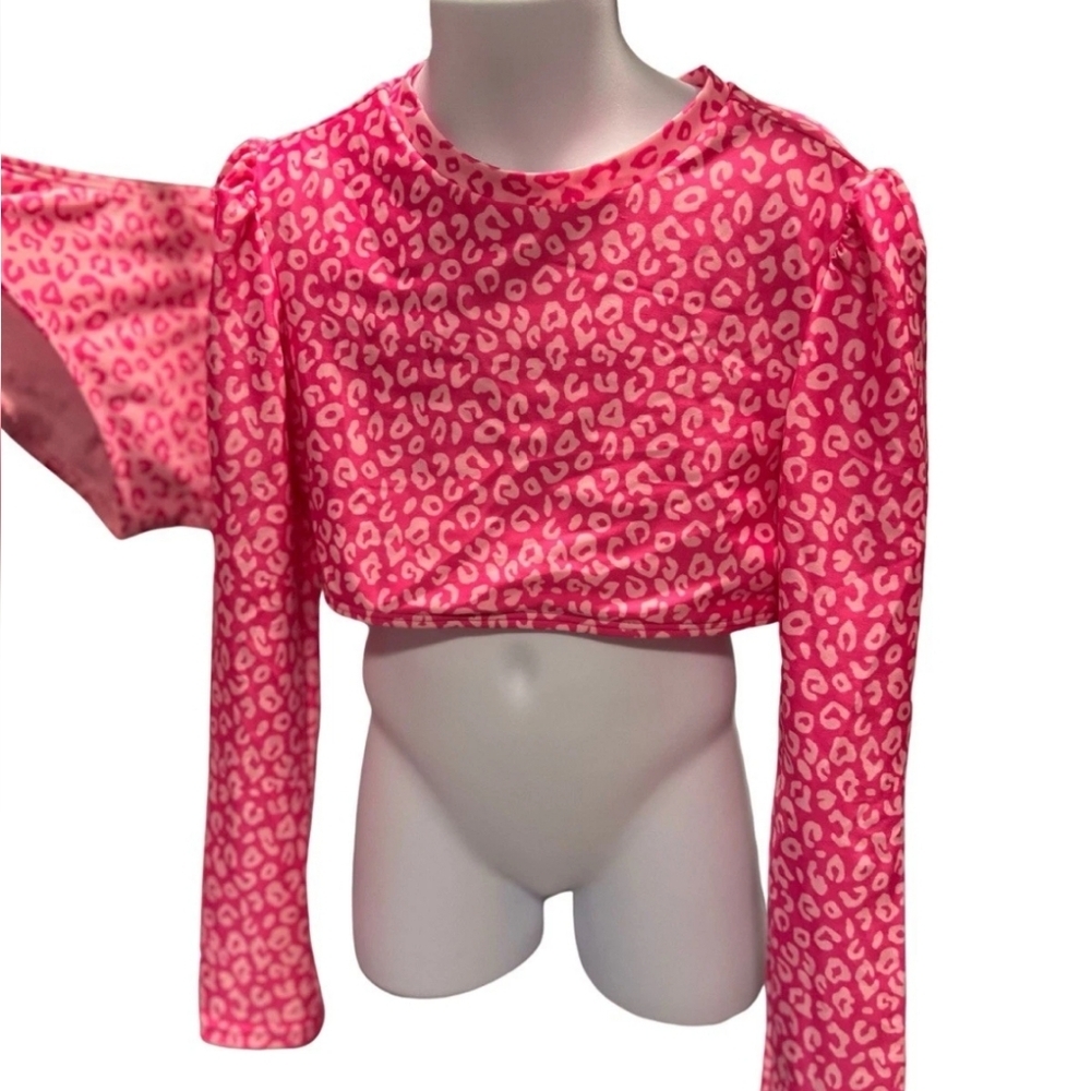 Girl's Pink Leopard Long Sleeve Swim Top - L(10/12)